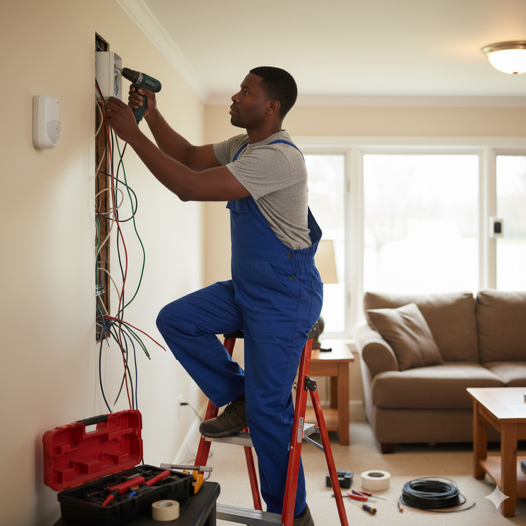 Technician installing traditional wired alarm system